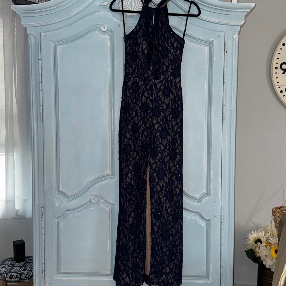 Elegant Navy Lace shimmery Halter Dress